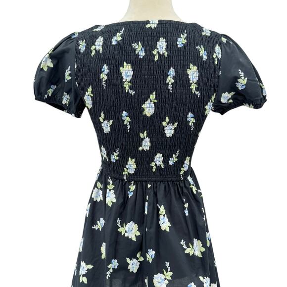 Petal + Pup NWT Winny Black Floral Open Tie Front Smocked Cotton Mini Dress - Picture 12 of 15